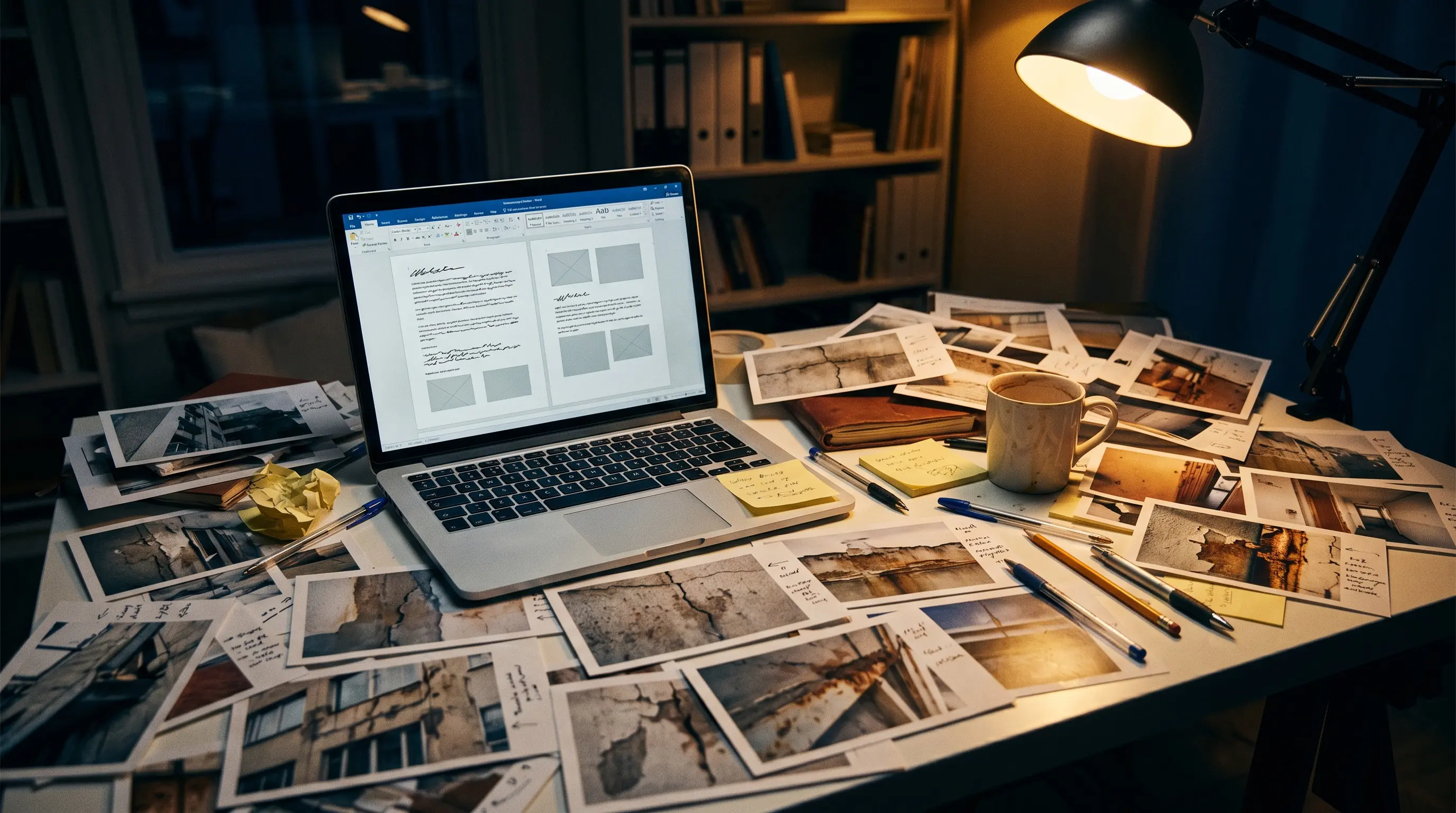 Mesa caótica de engenheiro à noite com laudos espalhados e iluminação âmbar