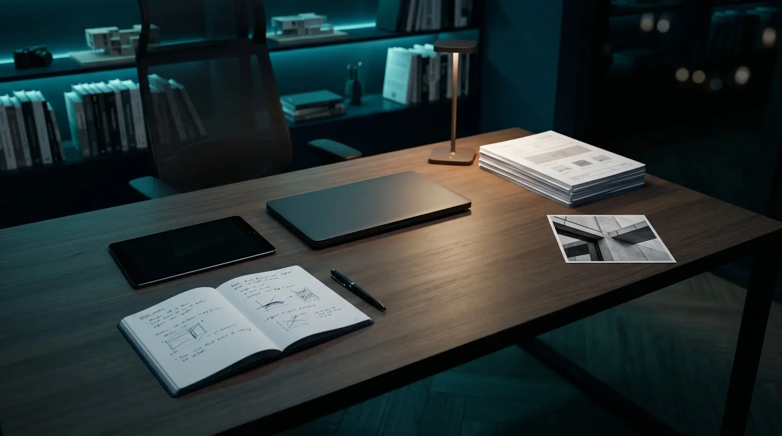 Mesa organizada de engenheiro à noite com glow cyan e workflow limpo